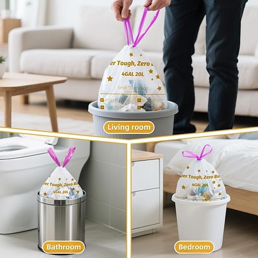 OKKEAI 4 Gallon Bathroom Trash Bags, Small White Drawstring Garbage Bags 60 Count – Heavy Duty Leak-Proof Tear-Free Wastebasket Liners with Safety Warning for Bathroom, Kitchen, Bedroom, Office