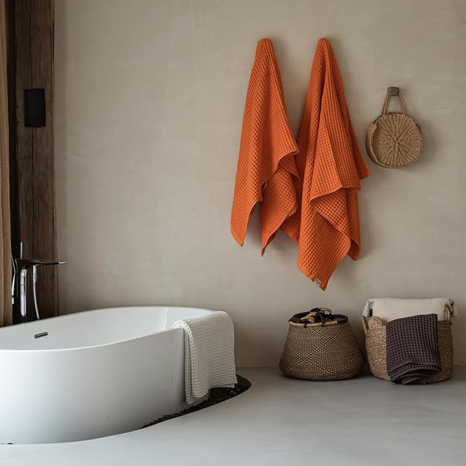 Luxury Japanese Cotton Waffle Bath Towel | Plush, Absorbent, and Quick Dry (Coral Orange, Hand Towel, 32" x 16")