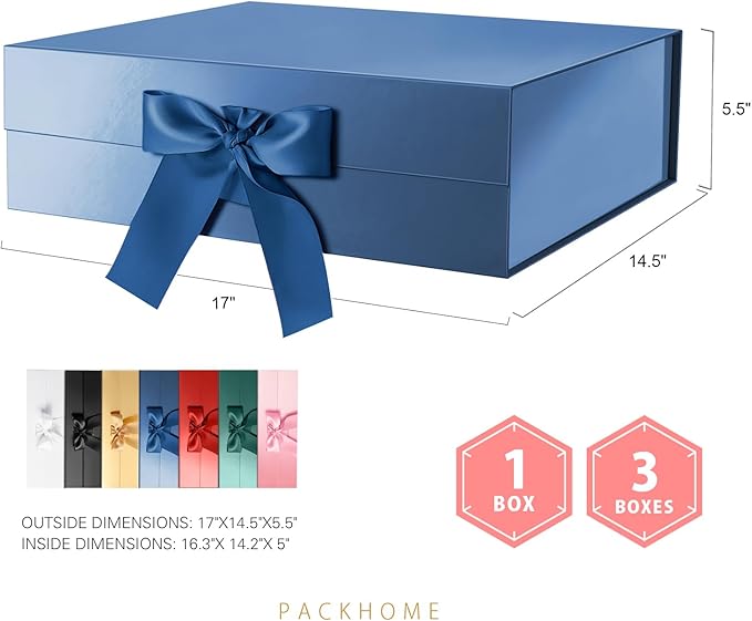 PACKHOME 17x14.5x5.5 Inches, 3 Extra Large Gift Boxes with Lids, Magnetic Closure Boxes with Ribbon for Clothes and Large Gifts (Glossy Blue)