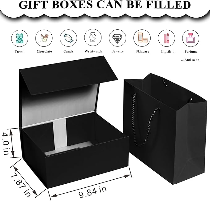 Elegant Gift Boxes with Gift Bag for Presents with Lids Magnetic Closure Rectangle Collapsible for Christmas, Valentine's Day, Birthday Gift Packging (Black)
