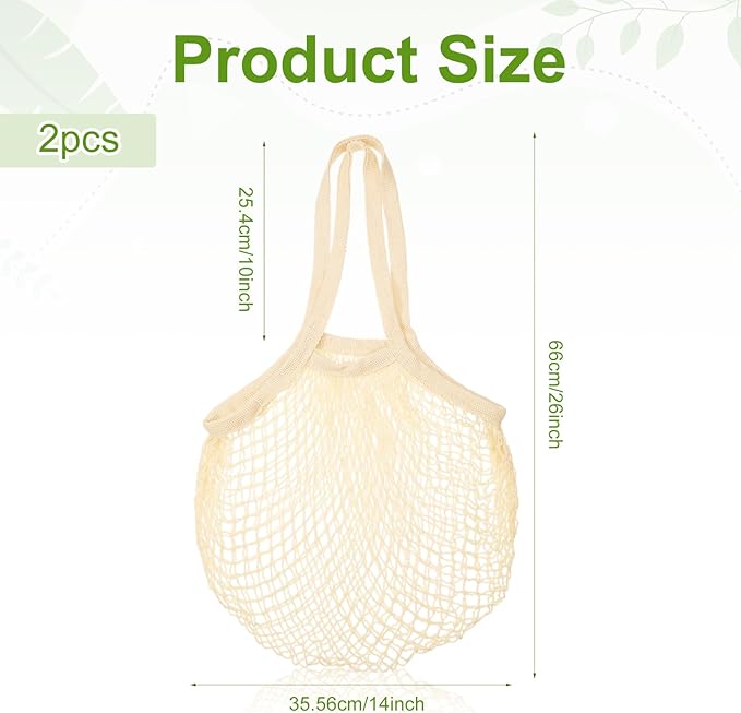 2 Pack Reusable Mesh Grocery Bags, String Bags Cotton Net Tote Produce Bag Washable Long Handle Farmers Market Bag Portable Fruit and Vegetable Bags, Beige