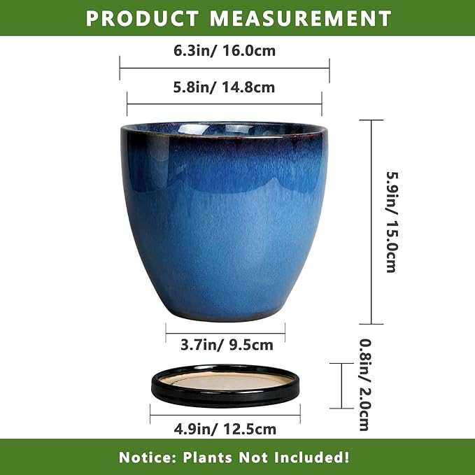 Ceramic Planters for Indoor Plants - 6.8 Inch Plant Pot with Drainage Hole and Saucer Round Modern Planter Home Garden Patio Decor Blue
