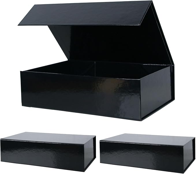 Aimyoo 3 Pack Black Collapsible Gift Box with Magnetic Closure Lids 13.8x9x4.3 in, Bridesmaid Groomsmen Proposal Box, Large Rectangle Box for Present Graduation Wedding Storage