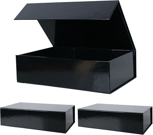 Aimyoo 3 Pack Black Collapsible Gift Box with Magnetic Closure Lids 13.8x9x4.3 in, Bridesmaid Groomsmen Proposal Box, Large Rectangle Box for Present Graduation Wedding Storage