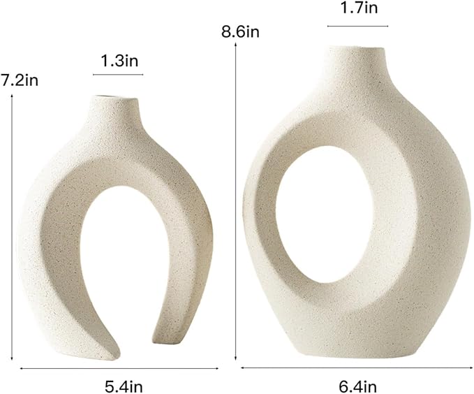 Snuggle Hollow Ceramic Vase Set of 2 for Coffee Table Decor, Donut Decorative Vases for Boho Modern Table Centerpieces Home Living Room Entryway Table Shelves Decoration (Beige W 6.3" X H 8.4")