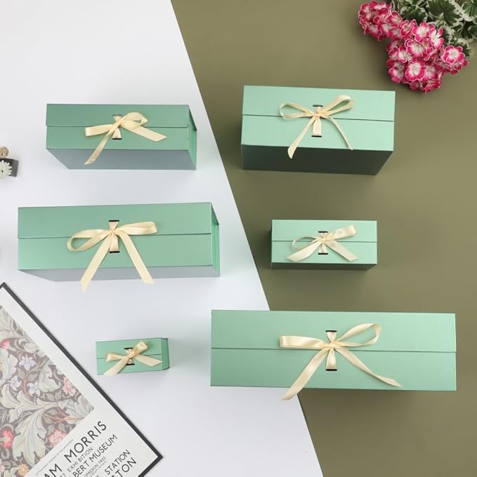 Skivra Large Green Gift Box with Ribbon - 1 Pack, 13x9x4 Inch Rectangle Collapsible Luxury Gift Box for Presents with Magnetic Closure and Shredded Paper Filler & Card