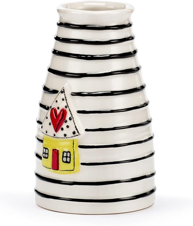 DEMDACO Black Stripe Yellow House with Heart 3 x 5 Stoneware Mini Decorative Vase