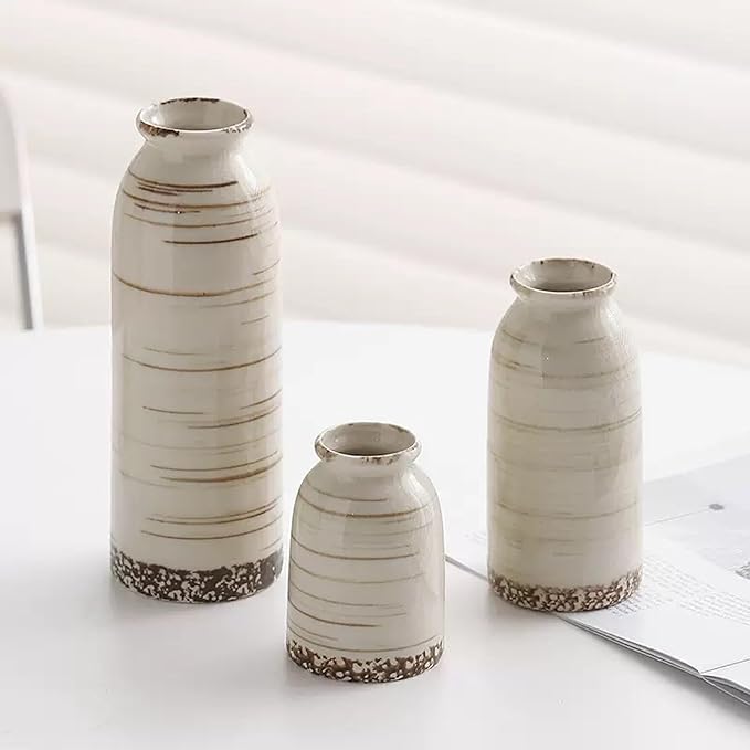 Ceramic Vase Set of 3,Small Vase for Flowers,Rustic Farmhouse Vase for Home Decor,Minimalist Vintage Flower Vases for Living Room,Table Shelf,Centerpieces,Fireplace and Entrance Decorations