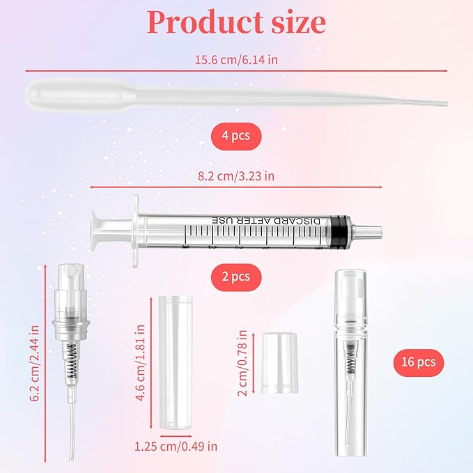 16 Pcs 3ml Mini Spray Bottles with 6 Accessories (4 Plastic Droppers + 2 Syringes) - Refillable Travel Perfume Bottles, Small Empty Atomizer for Essential Oils, Fine Mist Portable Perfume Sample Kit