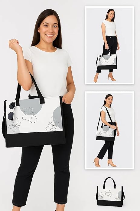 Canvas Tote Bag Hand-Stitched Spacious Eco-Friendly Durable, Detachable Strap for Vacation Beach Everyday Errand Work Essentials Ultimate Gift Butterfly Pattern