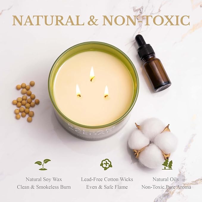 Balsam Cedar Candle, Large 3 Wick 12oz Soy Scented Candle, Luxury Christmas Birthday & Holiday Gift for Women & Men, Long Lasting 60+ Hour Clean Non-Toxic Burn, Elegant Winter Home Decor