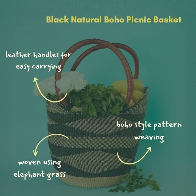 Black Natural Picnic Basket, Reusable Grocery Bag, Kitchen & Dining Storage, Countertop Fruits Holder, Farmers Market, Beach, Harvesting, Foraging, Decorative, Wicker, Woven, Boho Style