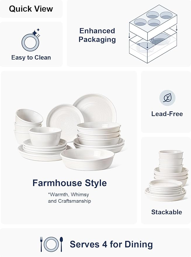 LE TAUCI Dishes Set with Pasta Bowls for 4, Stoneware Dinnerware Set, 10" Dinner & 8" Salad Plates, 6" Bowls, 8.5" Pasta (30 oz), Stackable, Microwave & Dishwasher Safe Ceramic, 16-Piece, White
