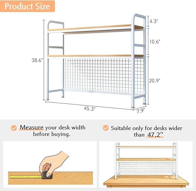 IOTXY 2-Tier Desktop Hutch Bookshelf - Metal Desk Shelf Bookcase with Grid Panel, Countertop Storage Organizer Rack for Dorm or Office, White, 45.3" W