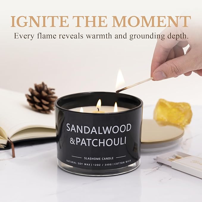 Patchouli Amber Candle, Large 3 Wick 12oz Soy Candle for Home Scented, Luxury Elegant Jar Candle Gift for Women & Men, Long-Lasting Non-Toxic Burn 60+ Hours, Warm Earthy Aromatherapy Home Décor