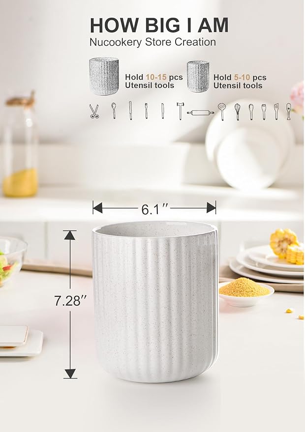 Nucookery Ceramic Utensil Holder for Countertop, 7.2" Large Cooking Utensil Crocks for Kitchen Counter, Farmhouse Kitchen Decor (Sand)