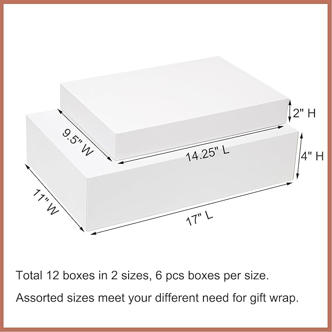 Mefleet 12 Pack Gift Boxes with Lids Assorted Sizes - 6 Extra Deep 17x11x4 & 6 Large 14.25x9.5x2 Inches White Shirt Clothes Robe Sweater Box for Wrapping Christmas Presents, Holidays Gift