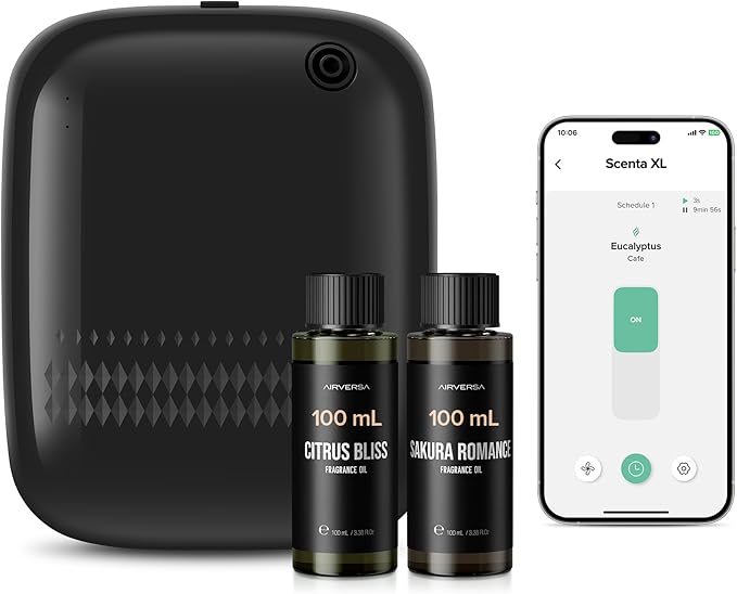 Airversa Waterless Essential Oil Diffuser (400 mL Capacity) Starter Kit 200mL Fragrance Scent Oils, Up to 2000 sq ft Aromatherapy Smart Scent Air Machine for Home, Large Room, Office, ANW Kit Black