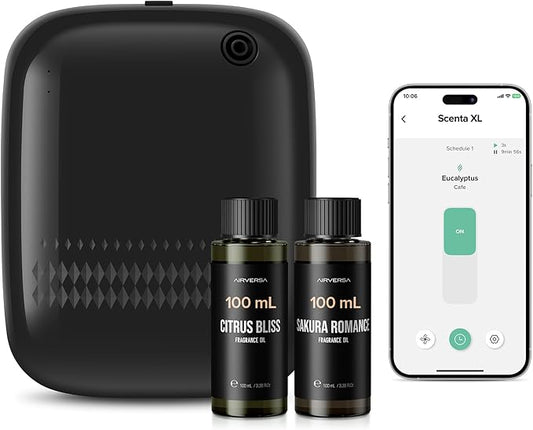 Airversa Waterless Essential Oil Diffuser (400 mL Capacity) Starter Kit 200mL Fragrance Scent Oils, Up to 2000 sq ft Aromatherapy Smart Scent Air Machine for Home, Large Room, Office, ANW Kit Black