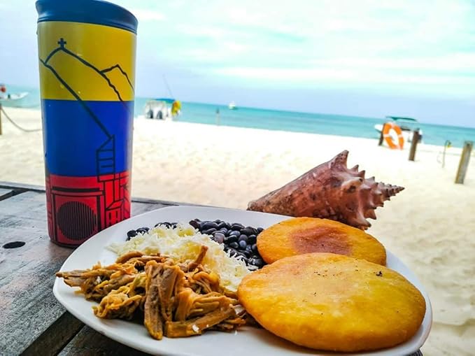 Venezuela Vacuum Insulated Stainless Steel Thermal Travel Mug, 16 oz, Easy Clean, Flip leak Proof Lid Venezuelan Flag with Icons from Caracas