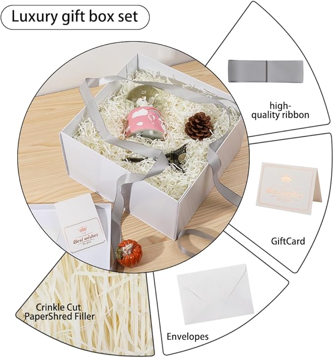 UoeRing 2Pcs White Extra Large gift box with lids 13×13×7 Inches gift boxes for presents,Birthday Box (include Ribbon, Paper Shred Filler Gift Card & Envelopes)