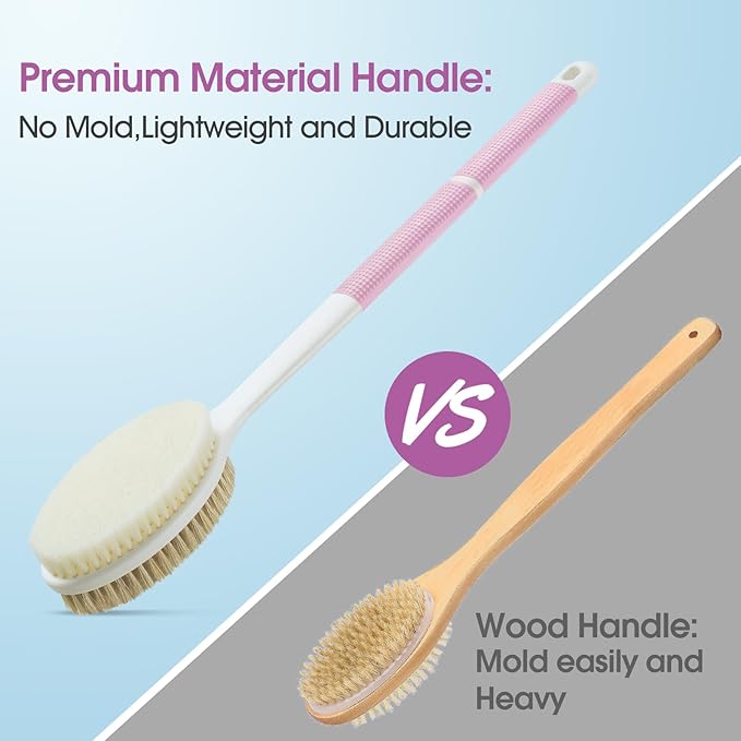 Body Scrubber Anti Slip for Shower,Shower Brush Long Handle with Stiff and Soft Bristles,Body Wash Exfoliating Back Scrubber for Bath or Dry Brushing Body Brush(Pink)
