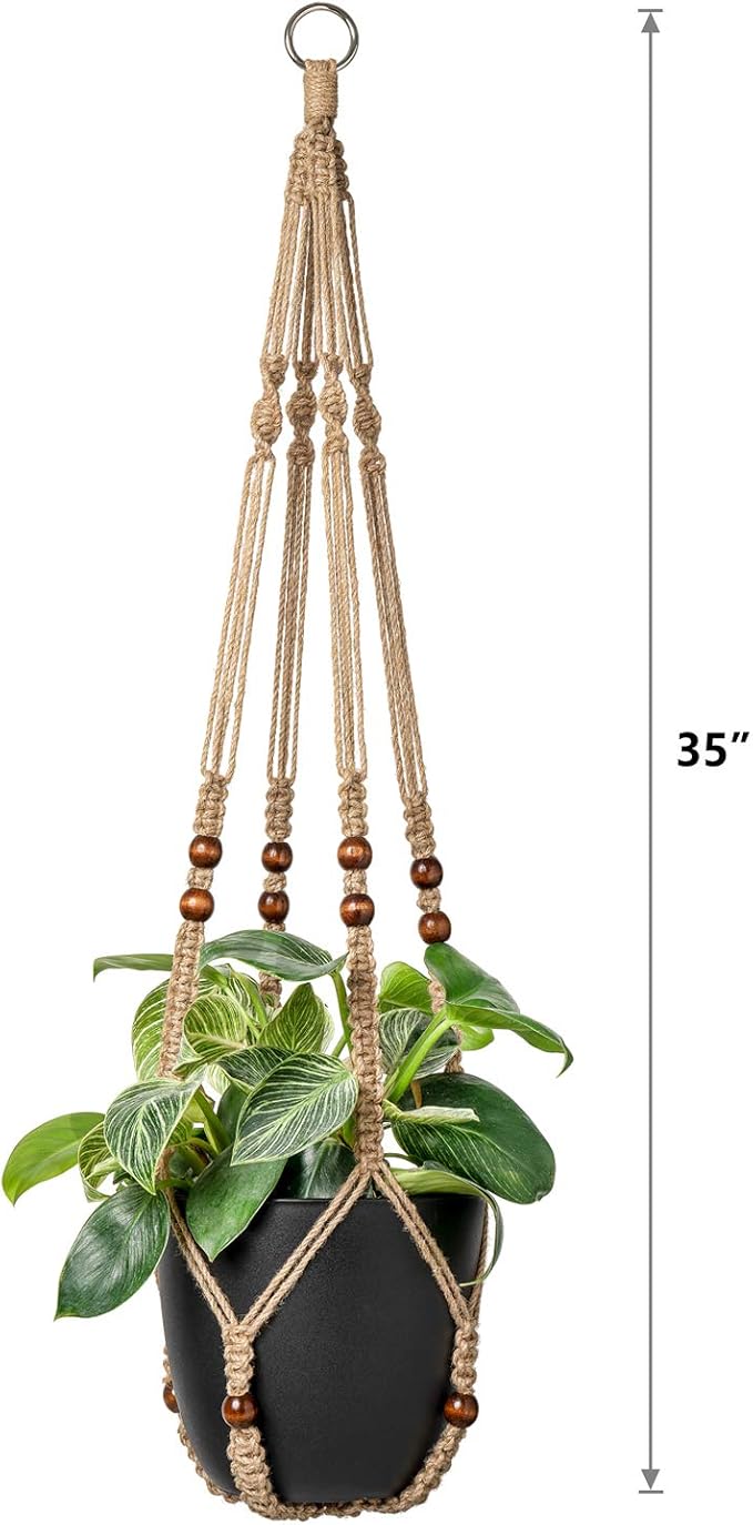 Mkono Macrame Plant Hanger Indoor Jute Hanging Planter Basket with Wood Beads Decorative Flower Pot Holder No Tassels for Indoor Outdoor Boho Home Decor 35 Inch, Brown, Set of 2 (POTS NOT Included)