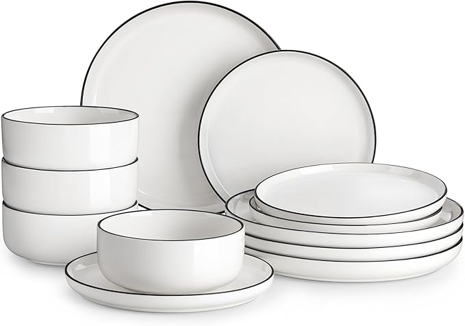 MALACASA Plates and Bowls Sets, 12 Pieces Modern Porcelain Dinnerware Set for 4 White Kitchen Dinner Dining Ware Set wtih Black Rim Ceramic Dishware Dishes Microwave and Dishwasher Safe, Series LUNA