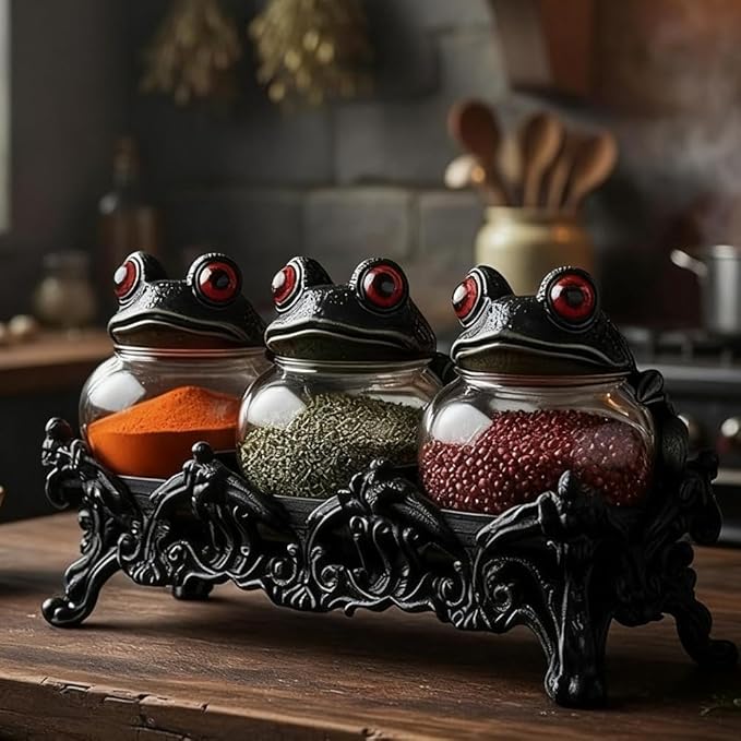 Witchy Frog Apothecary Spice Jars, Handcrafted Vintage Class Apothecary Jars with Frog Lids, Gothic Food Storage Containers, Frogs Spice Jar Fun Salt and Pepper Shakers Seasoning Container