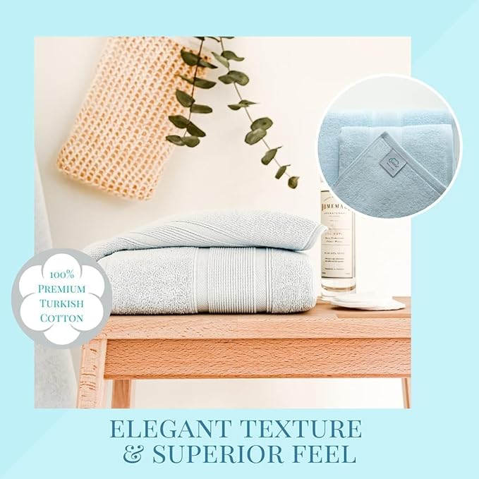 Luzia 8 Piece Towel Set - 100% Turkish Cotton, Premium Quality - 2 Bath Towels 2 Hand Towels and 4 Washcloths (Light Blue)