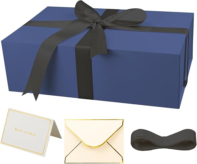 YINUOYOUJIA Blue Gift Boxes with Lid,14"x9"x4.5" Magnetic Gift Box with Ribbon,Cards and Envelopes for Presents,Great for Wedding,Birthdays,Crafting,Gift Packaging.