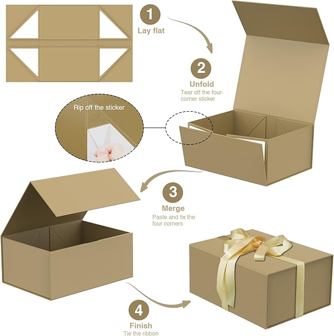 MOYEUPAC Glod Gift Box,9" X 7" X 4" with Lids for Presents Magnetic Closure Gift Packaging for Christmas,Thanksgiving, Birthday,Glod with Ribbon