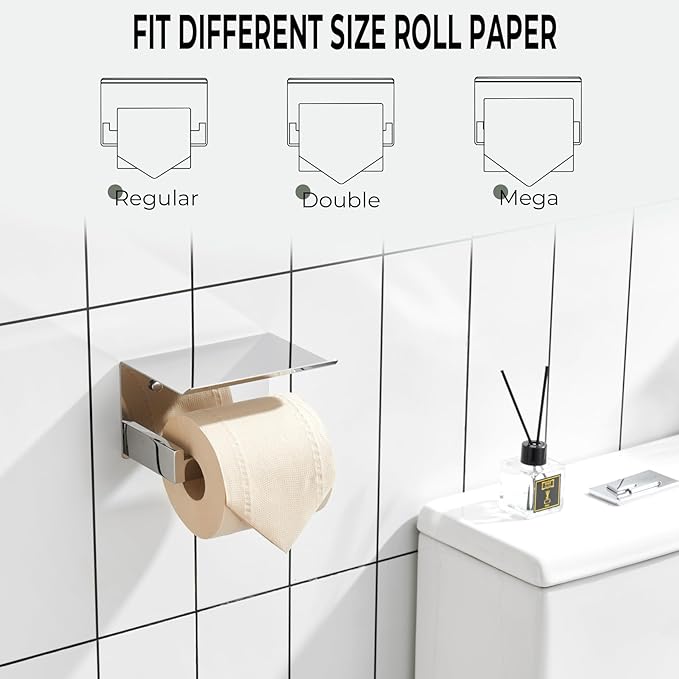 KOKOSIRI Toilet Paper Holder with Shelf Chrome Bathroom Toilet Roll Holder for Restroom T-304 Stainless Steel Wall Mounted, Polished Finish, B2010CH