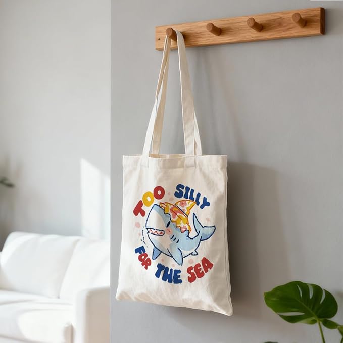 Canvas Tote Bag for Women, Too Silly for The Sea Reusable Shoulder Bags, Shark Totes Bag, Reusable Gift Beach Shopping Totes Bags, Birthday Christmas Gifts to Friends