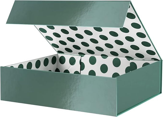 GREEN BEAN Gift Box 13x9.7x3.4 Inches, Large Green Gift Box with Lid for Presents, Magnetic Gift Boxes for Clothes, Shirt (Glossy Metallic Green, Dot Design Inside)