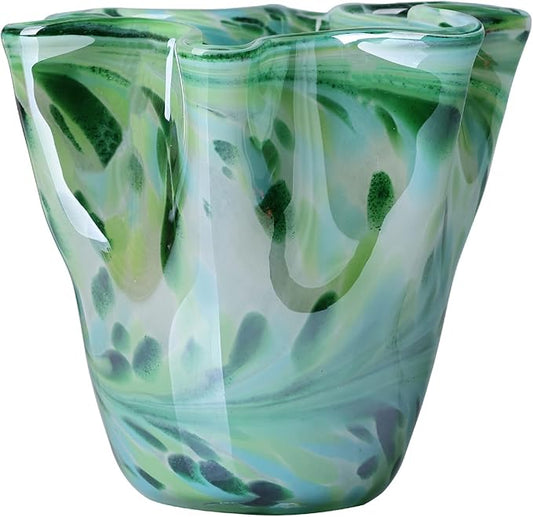 Hand Blown Glass vase Decorative, Teal Wide Mouth Petal vase, Modern Art Design Decorative vase for Home Decor Living Room, Console Centerpiece, Table and Wedding.huaban (E-3)