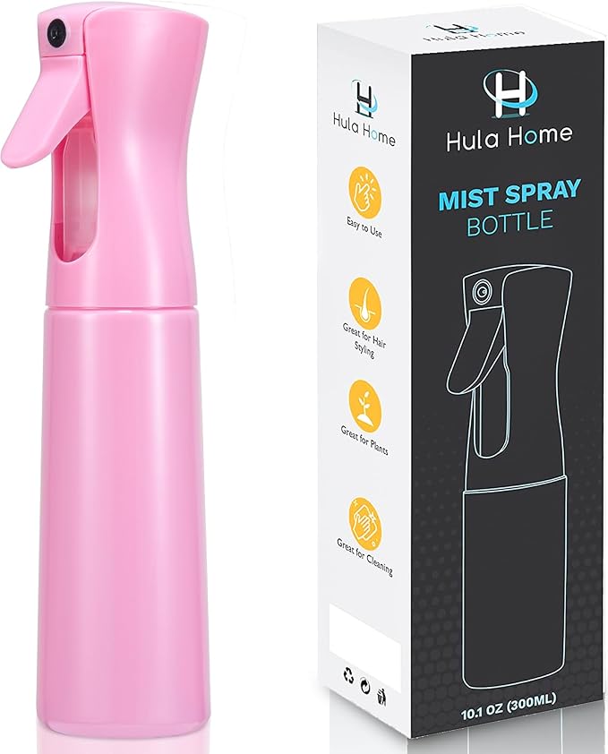 Hula Home Continuous Spray Bottle for Hair (10.1oz/300ml) Empty Ultra Fine Plastic Water Mist Sprayer – For Hairstyling, Cleaning, Salons, Plants, Essential Oil Scents & More - Pink