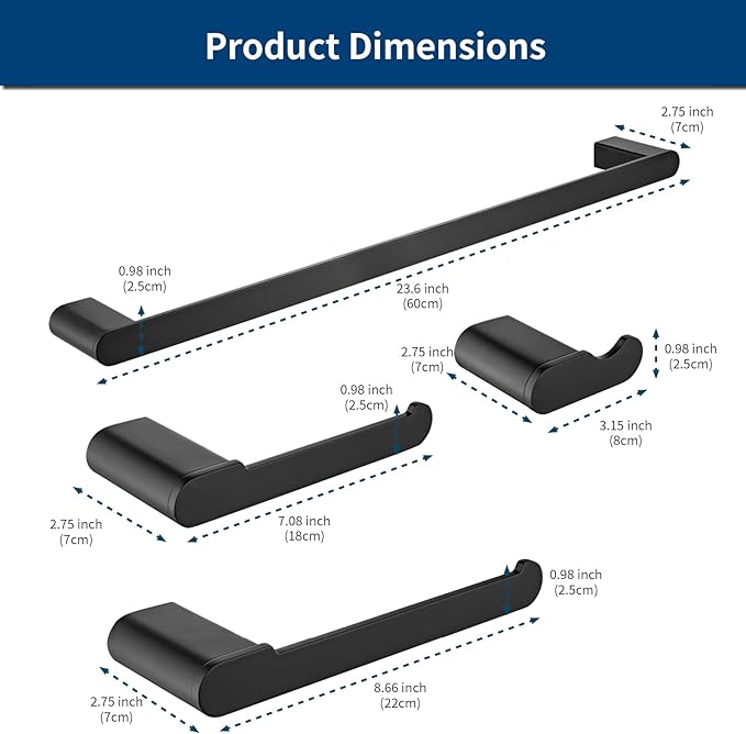 Bathroom Hardware Set, 4-Piece Towel Rack Towel Bar Towel Holder Toilet Paper Holder Towel Hooks Wall Mounted Bath Towel Bars Matte Black Stainless Steel Bathroom Accessories Set, 23 inch