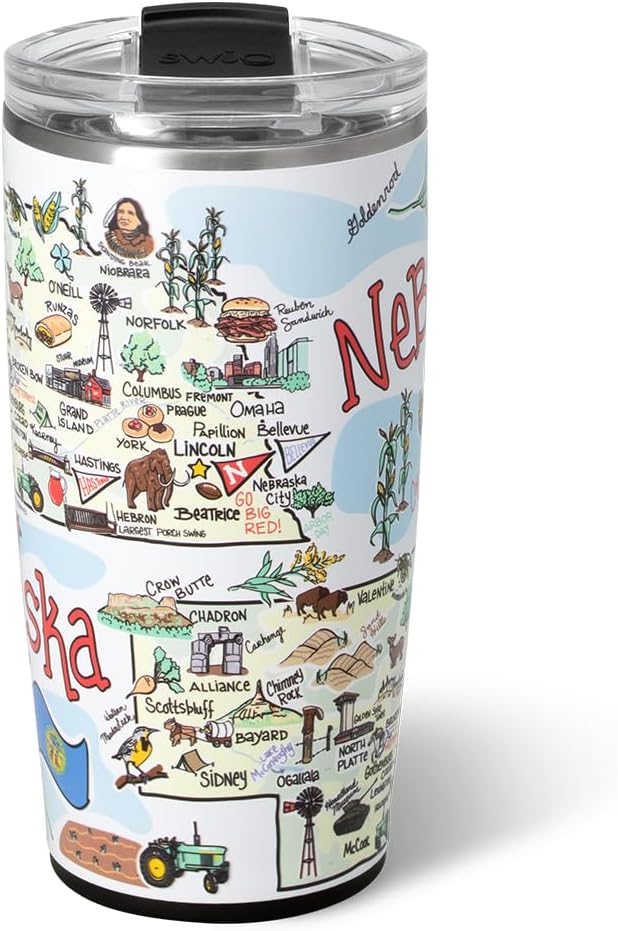 Swig Life 22oz Travel Mug, Insulated Tumbler with Handle and Lid, Travel Coffee Mug, Cup Holder Friendly, Stainless Steel 22 oz Tumbler, Reusable Insulated with Lid (Nebraska)