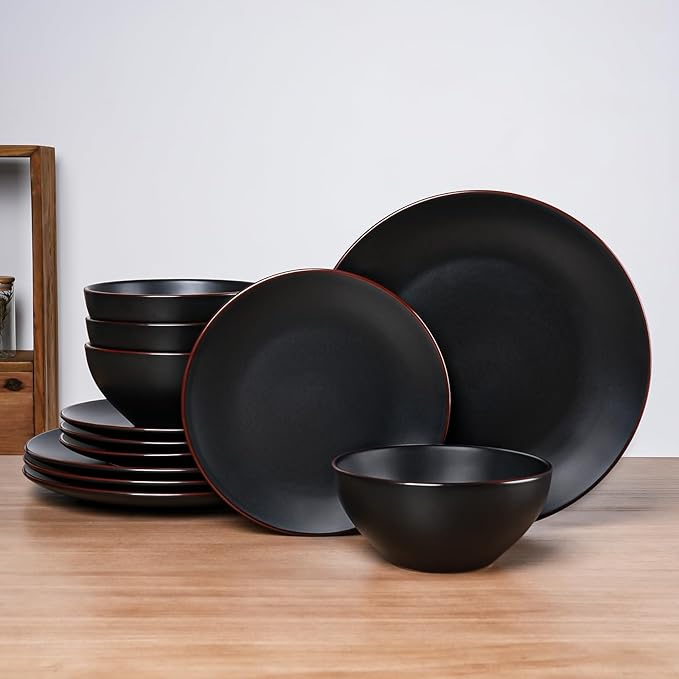 Famiware Venus Plates and Bowls Sets, 12 Pieces Stoneware Dinnerware Sets, Dishes Set for 4, Microwave and Dishwasher Safe, Matte Black