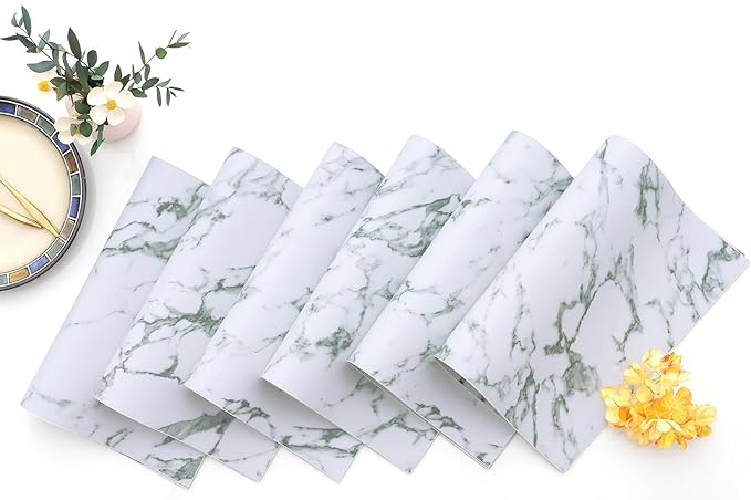 Homaxy Faux Leather Heat Resistant Placemats for Dining Table Set of 6, Waterproof Wipeable Washable PU Table Mats, Easy to Clean Anti-Slip Place Mats, 11.8" x 17", Marble