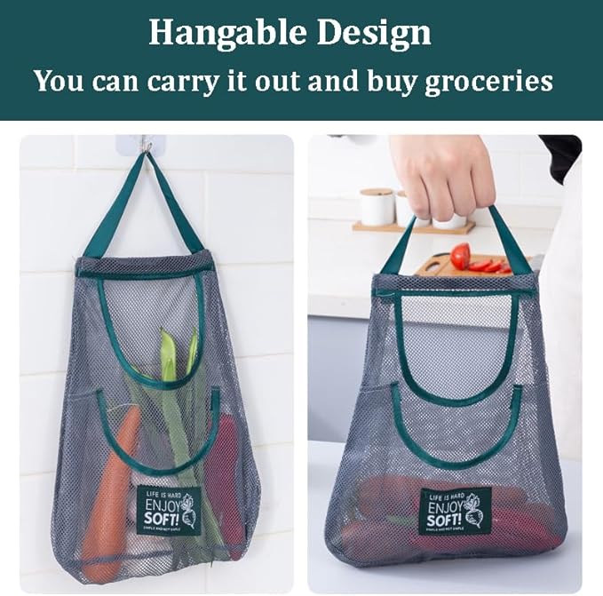 3pcs Hanging Mesh Storage Bags Reusable Produce Bags Dual Pocket Net Bag for Kitchen Fruit Vegetable Garlic Onion Potatoes Tomatoes Storage Bags