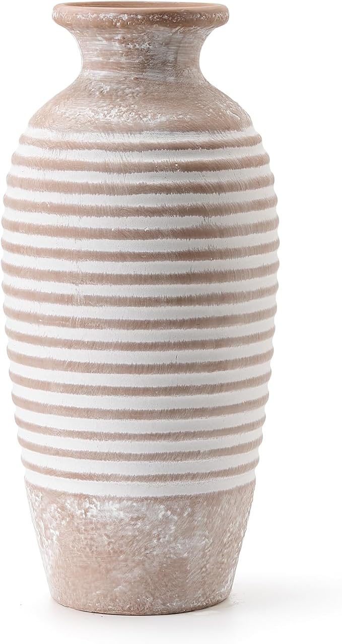 Ceramic Rustic Vase, 14.4 Inch Large Vintage Flower | Threaded Decorative Farmhouse Tall Vase for Home Decor, Living Room, Shelf Decor, Wedding Housewarming Gift, Khaki