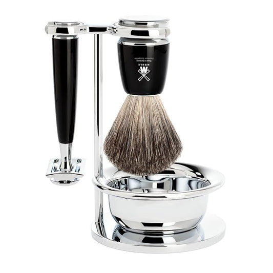 MÜHLE RYTMO 4-piece Pure Badger Double Edge Safety Razor (Closed Comb) Shaving Set For Men - Perfect for Every Day Use, Barbershop Quality Close Smooth Shave