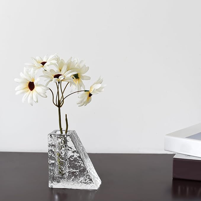 Crystal Flower Vase with Glacial Texture, Clear, Handcrafted Centerpiece for Wedding, Home Decor, Table Display