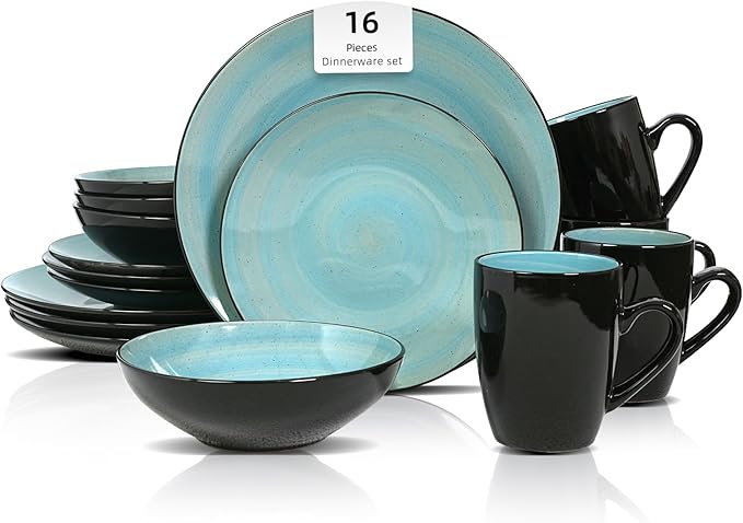 Sonoma 16 Piece Stoneware Dinner Set, Outside Black + Inside Handpainted Color Turquoise with speckle