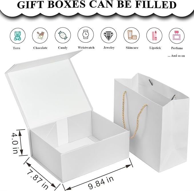 Elegant Gift Boxes with Gift Bag for Presents with Lids Magnetic Closure Rectangle Collapsible for Christmas, Valentine's Day, Birthday Gift Packging (White)