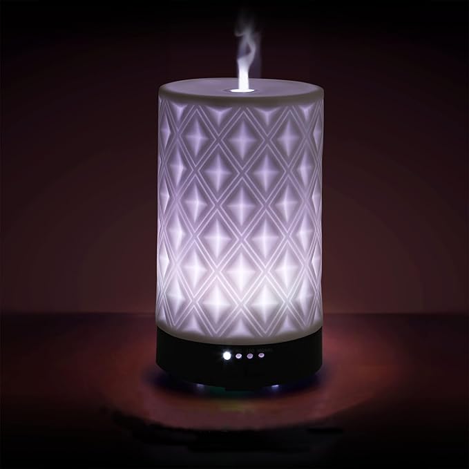 Earnest Living Essential Oil Diffuser for Home White Ceramic 100ml Aromatherapy Diffuser with 4 Timers 7 Night Lights and Auto Off Function (no Beep!) for Essential Oils