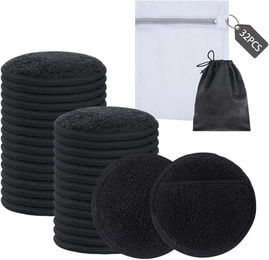 SUNLAND Reusable Makeup Remover Pads for Face,Eye,Lips 32 Pack Microfiber Face Cleansing Gloves Washable with Laundry Bag and Travel Bag Rounds Toner Pads（Round 3.15inchx32,Black）