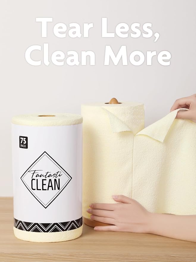 Fantasticlean Microfiber Cleaning Cloth Roll -75 Pack, Tear Away Microfiber Towels, 12" x 12", Reusable, Washable, Scratch Free, Ultra Absorbent Dishcloth for Home Supplies, Car, Pet, Kitchen (Beige)